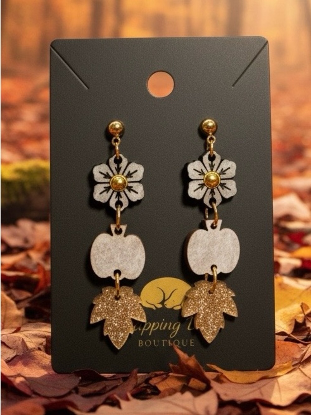 Floral Pumpkin & Glitter Leaf Dangle Earrings – Gold-Tone Fall Earrings
